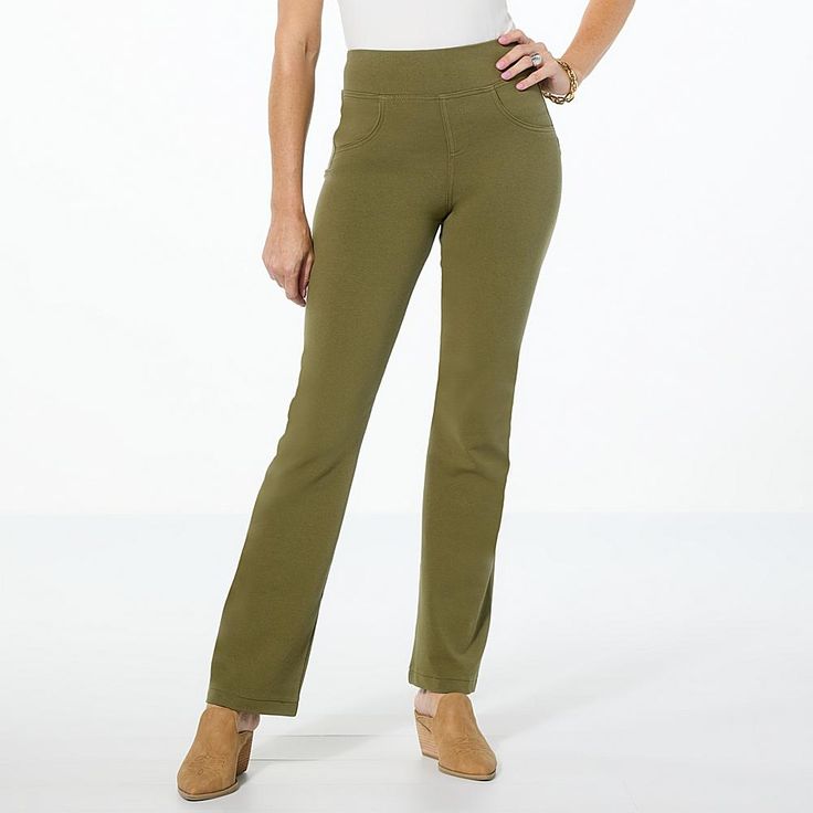 HUE Game-Changing Straight Leg Denim Pant Pull on effortless, game-changing style when wearing this straight-leg pant. It has that classic denim style with the comfort of your favorite leggings. Fall Straight Fit Full Length Bottoms, Stretch Straight Bottoms With Pockets, Straight Leg Pants With Comfort Waistband For Fall, Fall Season Comfort Waistband Straight Leg Pants, Relaxed Fit Solid Color Straight Pants, Solid Color Straight Stretch Bottoms, Solid Straight Stretch Bottoms, Versatile Green Straight Leg Bottoms, Casual Straight Fit Full-length Pants