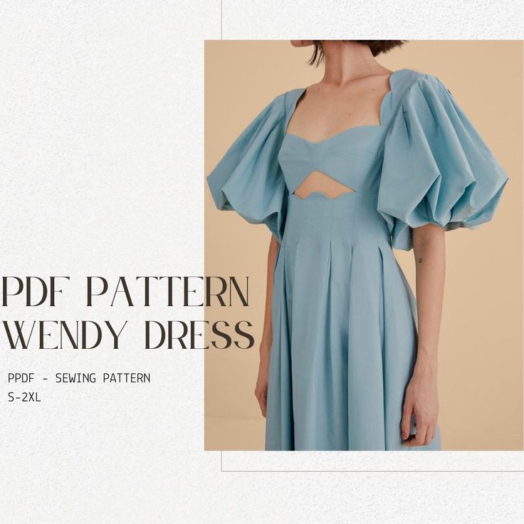 a woman in a blue dress with the words apple pattern wendy dress on it's left side