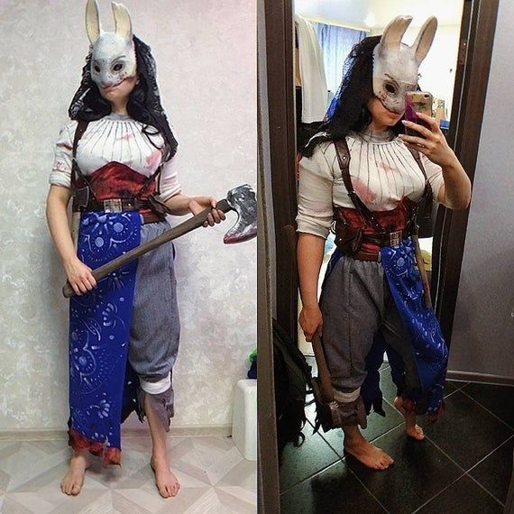 two pictures of people dressed in costumes and one is holding an ax while the other looks at her phone