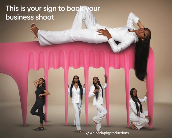 a woman laying on top of a pink bench with four other women standing around it