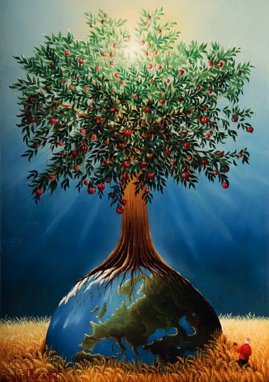 a painting of an apple tree growing out of the top of a blue earth globe