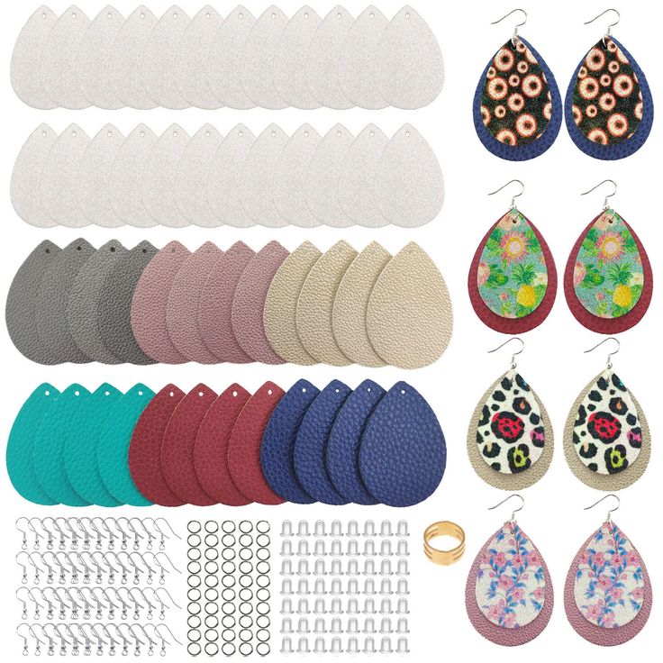 various pairs of earrings are shown in different colors and shapes, including one with an animal print