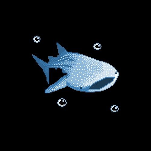 an image of a fish pixelated in blue and white on a black background with bubbles