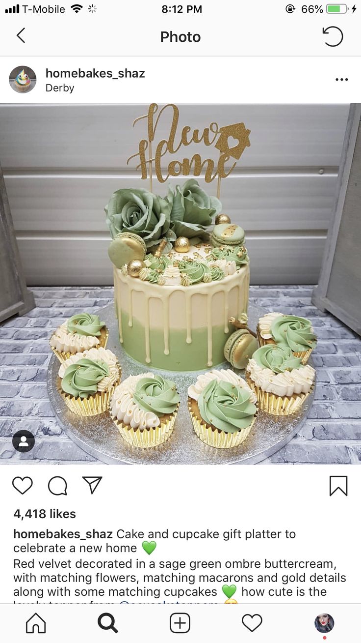 a cake with green icing and cupcakes on top