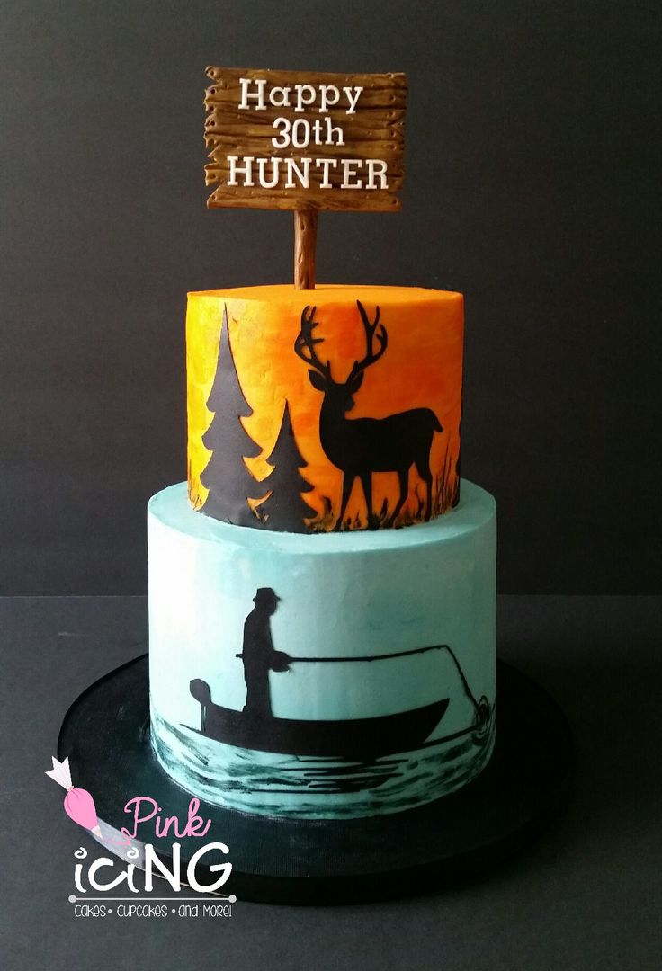 a birthday cake decorated with an image of a man in a boat and the words happy 30th hunter on it