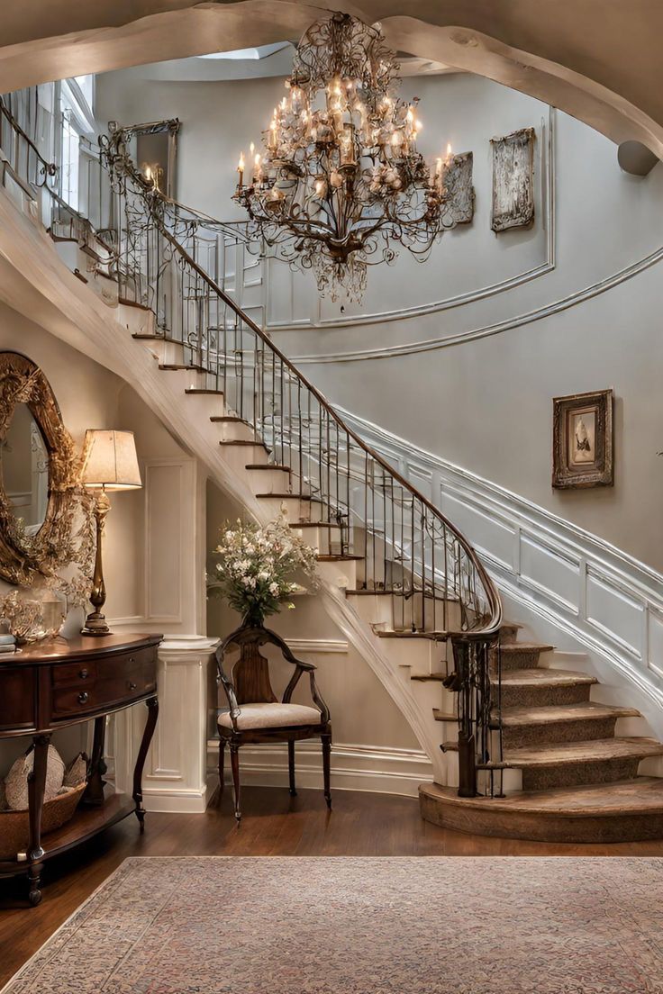 an elegant staircase with chandelier and mirror