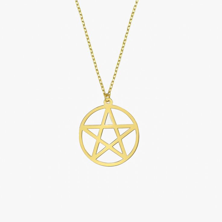 Pentagram Necklace | 14K Solid Gold - Mionza Jewelry-celestial jewelry, geometric necklace, goth necklace, gothic necklace, halloween gifts, halloween jewelry, halloween necklace, pentacle necklace, pentagram necklace, silver disc necklace, star necklace, wiccan jewelry, witch necklace Hypoallergenic 14k Gold Star Jewelry, Minimalist 14k Gold Star Of David Necklace, Symbolic 14k Rose Gold Necklace, Gold Mystical Sterling Silver Necklace, Mystical Sterling Silver Gold Necklace, Mystical 14k Gold Jewelry, Personalized Star-shaped Yellow Gold Jewelry, Gold Star Of David Necklace Nickel Free, Symbolic 14k Gold Necklaces