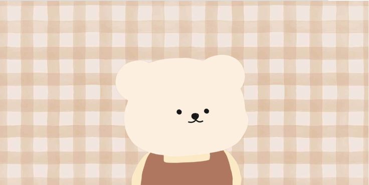 a white teddy bear wearing a brown shirt and standing in front of a checkered wall