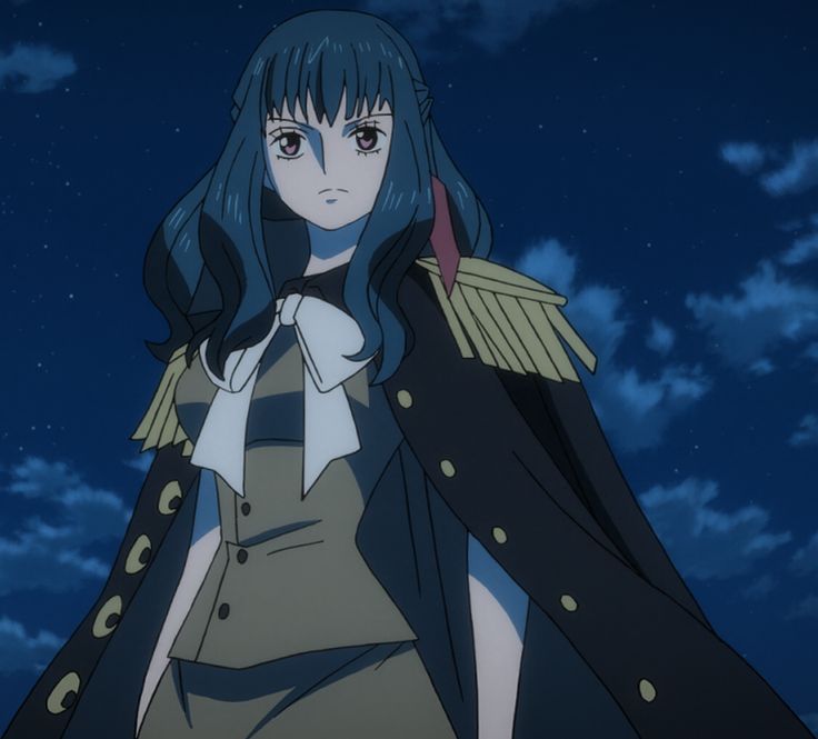 an anime character with blue hair and black clothes standing in front of the night sky