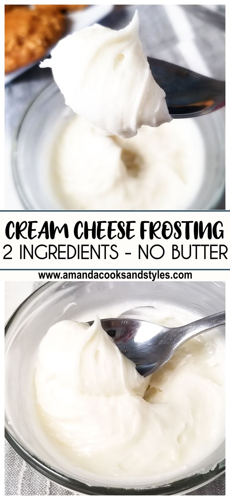 cream cheese frosting in a glass bowl with spoon