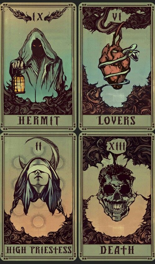 four tarot cards with different images on them