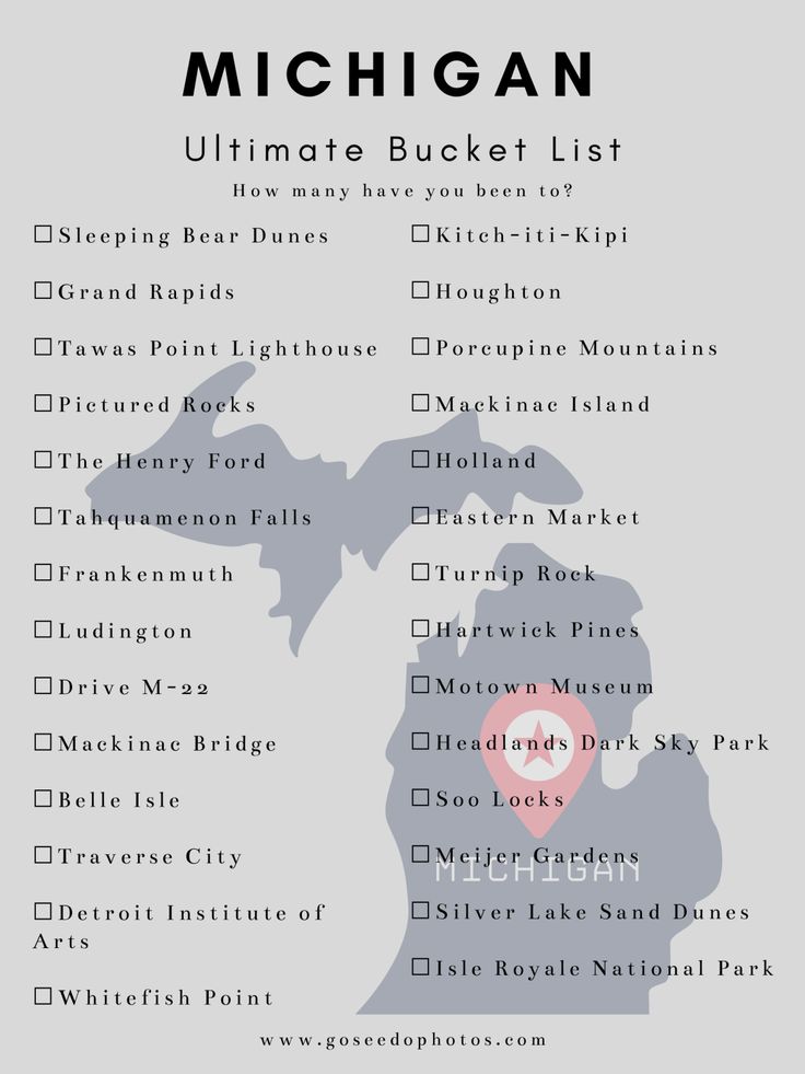 the michigan ultimate bucket list is shown in black and white, with red heart on it