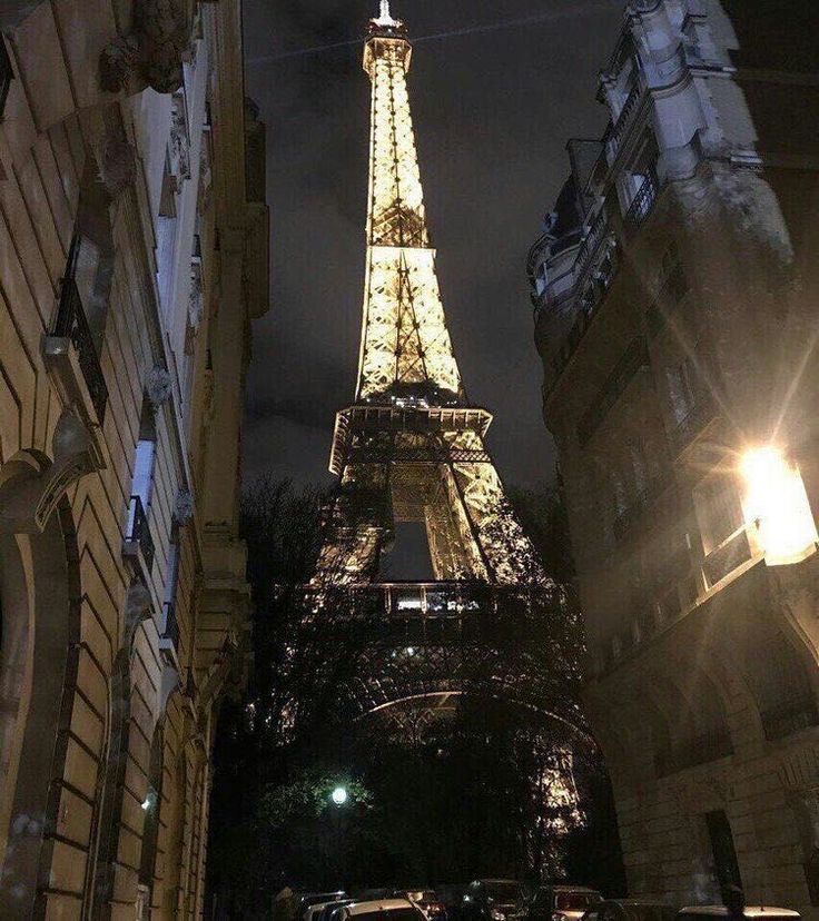 the eiffel tower is lit up at night