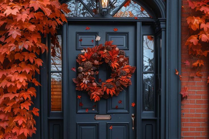 a blue front door with a wreath on it and red leaves hanging over the top