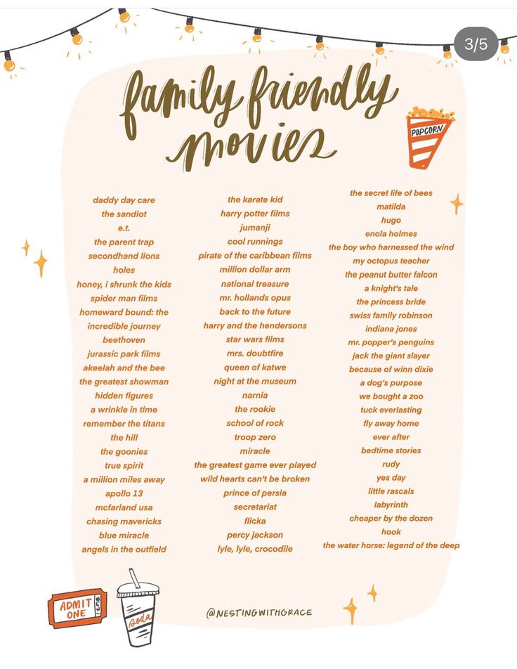 the family friendly movie list is shown in this hand drawn style, with an orange and white