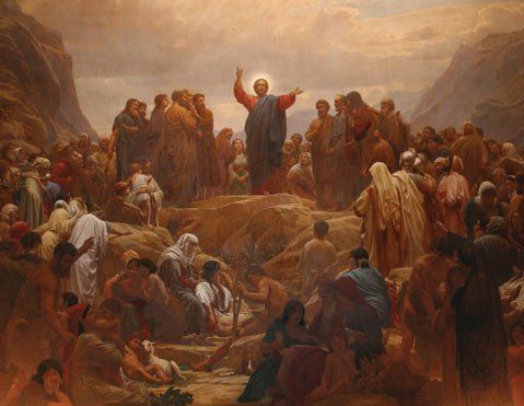 a painting of jesus standing in front of a group of people