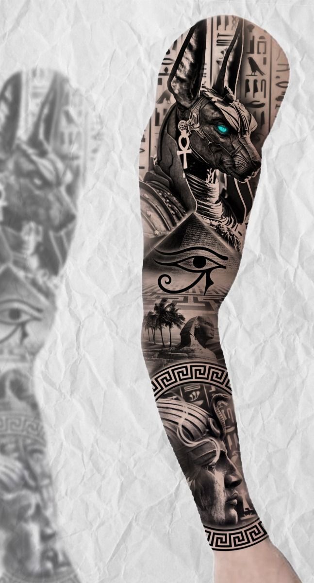 a person's arm with tattoos on it and the image of an egyptian god