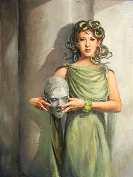 a painting of a woman holding a statue in front of her face and wearing a green dress