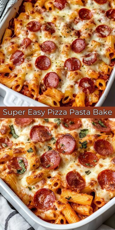 two pictures of the same pizza casserole with different toppings and one has pepperoni on it