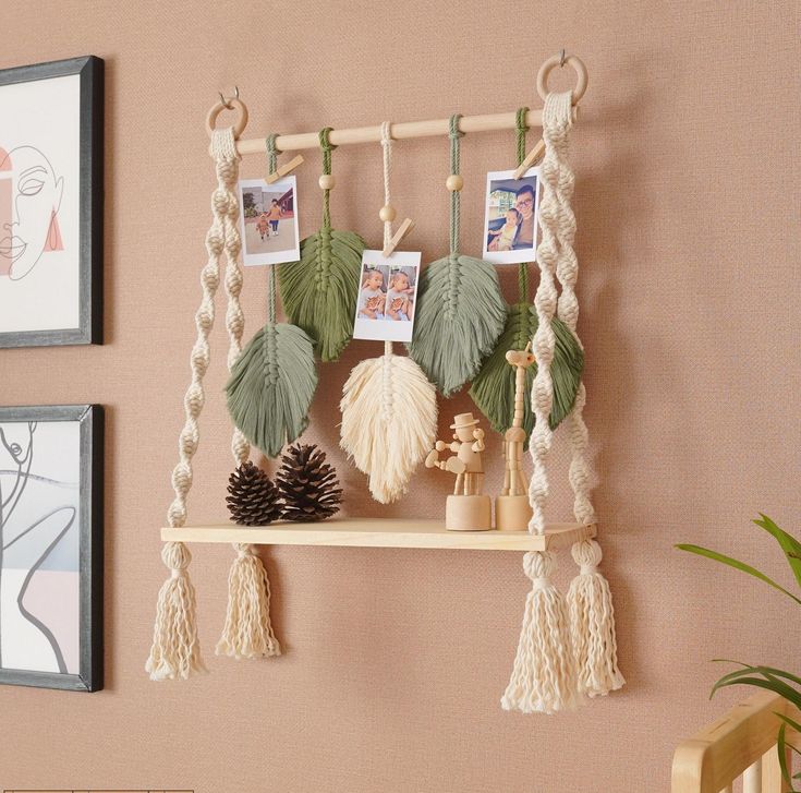 there are pictures hanging on the wall with tassels and pine cones in front of them