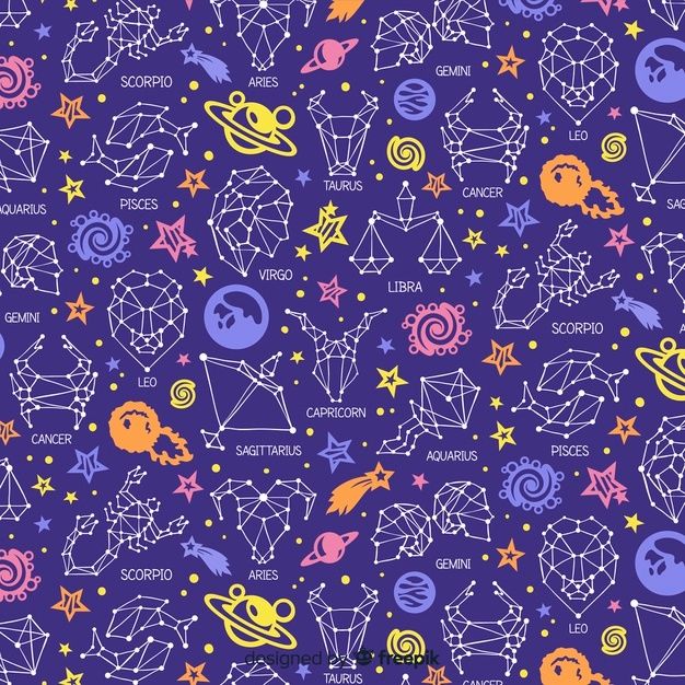 a purple background with stars, planets and other things on it's surface in different colors