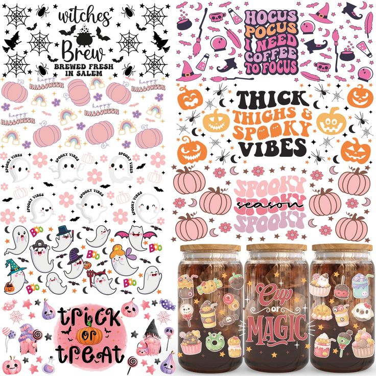 halloween stickers and decals are on display in front of a white background with the words trick that's speak vibes