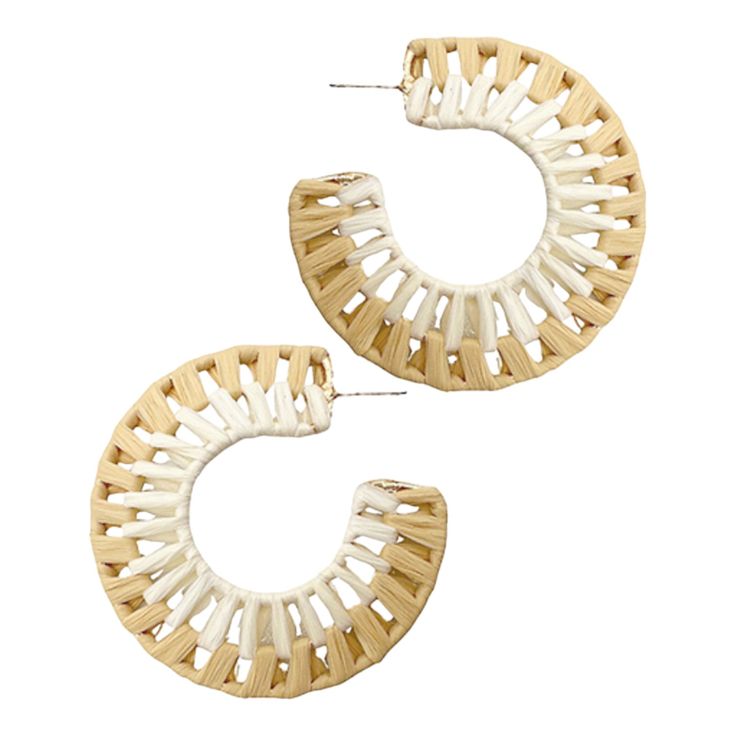 Add a playful pop of color to your outfit with these Tilly two-tone wrapped raffia hoop earrings. These lightweight hoops are made from raffia and feature a post closure for easy wear. Stand out with these colorful 2 1/2" L statement earrings. Chic Hoop Earrings For Beach In Summer, Chic Hoop Earrings For Summer Beach, Spring Vacation Hoop Earrings, Small Hoop Earrings For Beach Spring Season, Small Hoop Earrings For Spring Beach Days, Small Hoop Earrings For Beach In Spring, White Small Hoop Earrings For Beach, White Hoop Earrings For Summer, White Hoop Earrings For Vacation