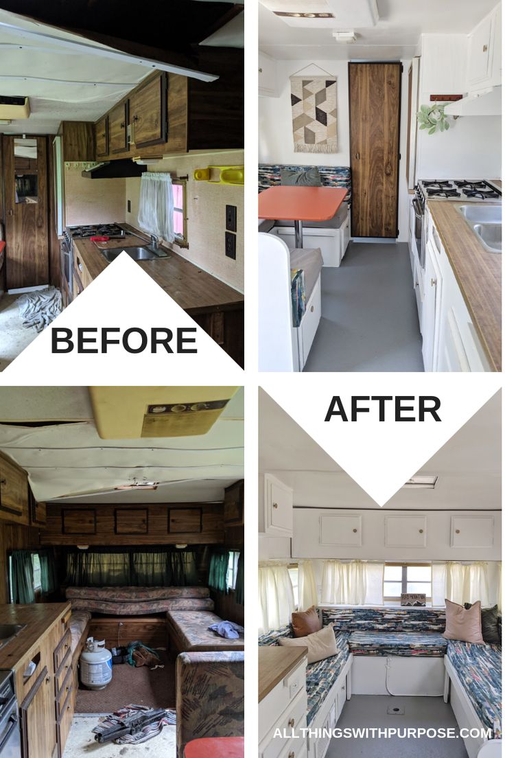 before and after photos of an rv's kitchen, dining area, and living room