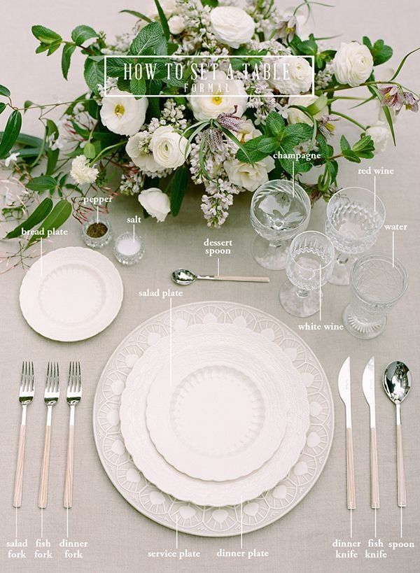 the table is set with white plates, silverware and floral centerpieces on it