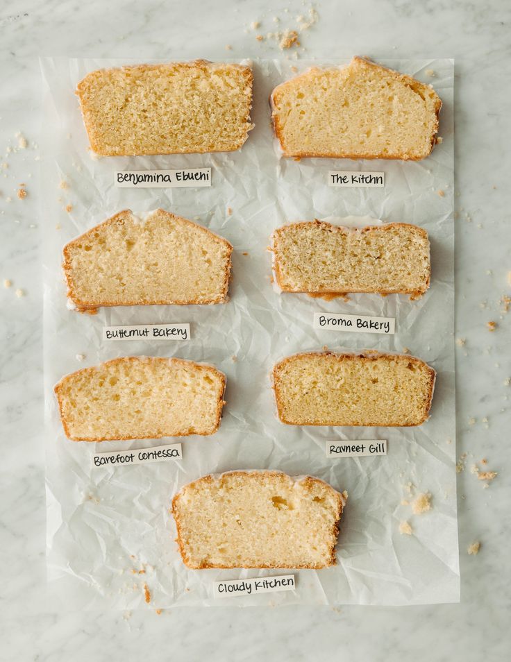 six slices of bread sitting on top of a piece of wax paper next to each other