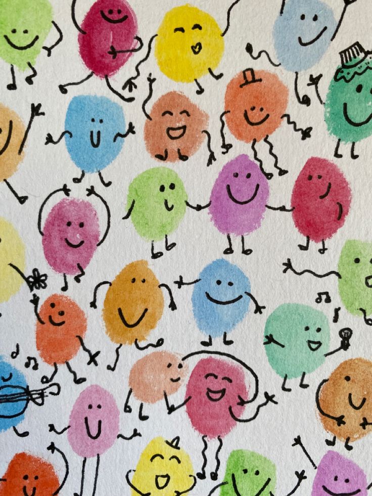 an image of many different colored faces on a white background with watercolors and crayons