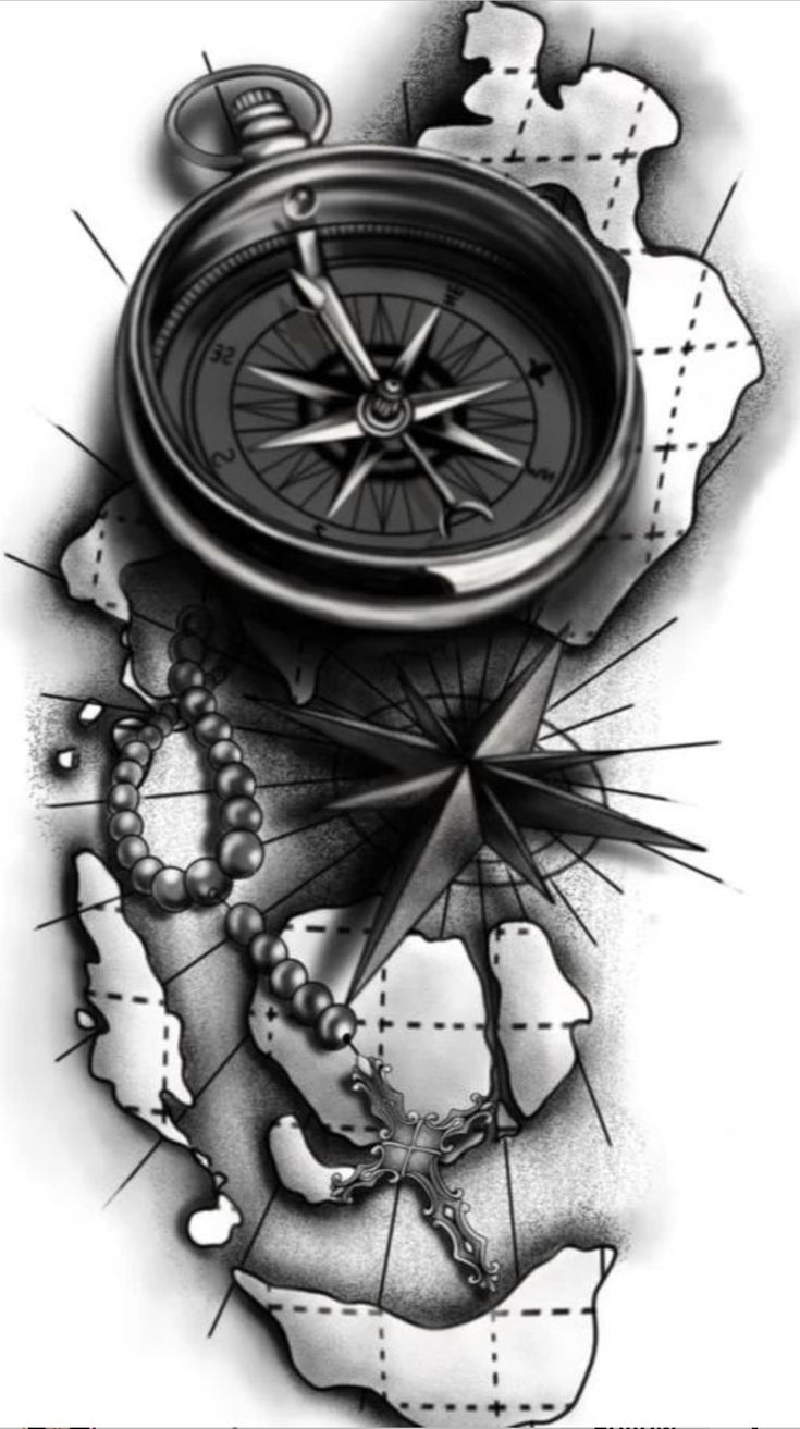 a black and white drawing of a map with a compass on it's side