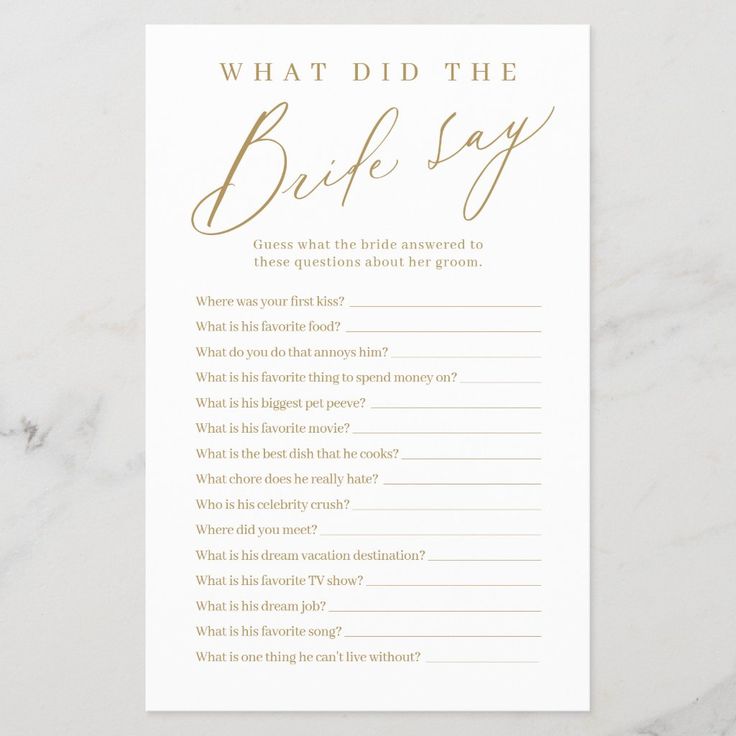 what did the bride say card with gold foil lettering on white marble background, featuring question marks