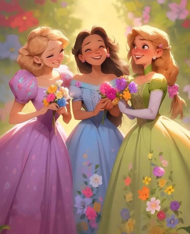 the three princesses are all dressed up in their dresses and flower bouquets together