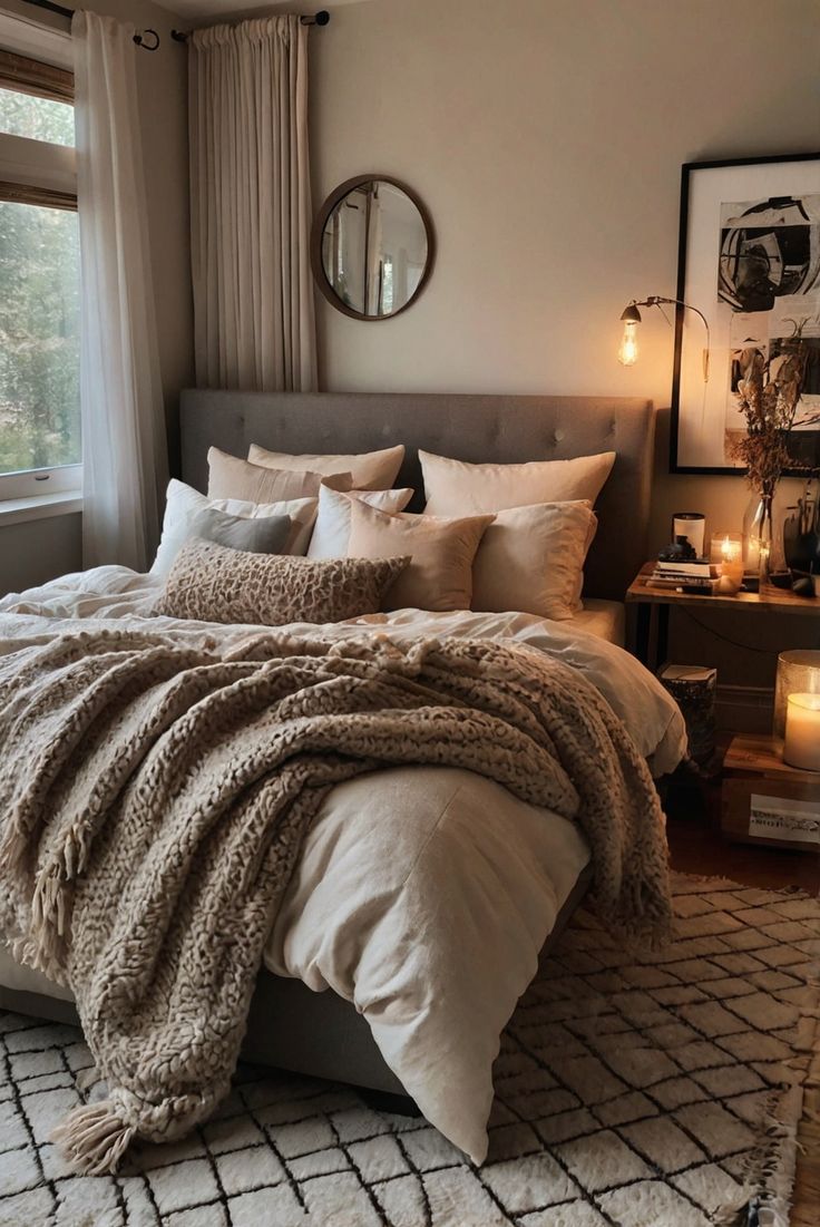 a bedroom with a large bed covered in blankets and pillows, candles on the nightstands