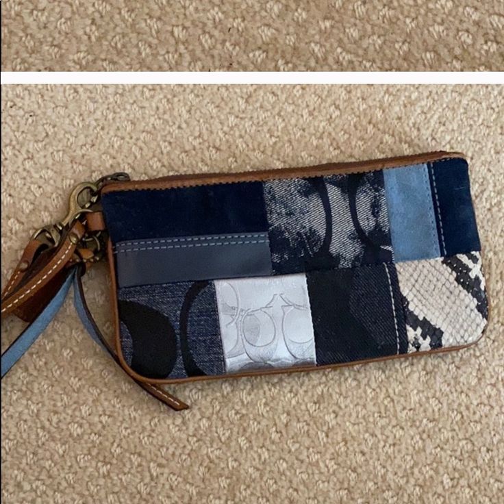 Blue Patchwork Coach Wristlet. Nwot Adjustable Blue Rectangular Wristlet, Blue Rectangular Casual Wristlet, Casual Blue Rectangular Wristlet, Blue Adjustable Wristlet For Everyday Use, Adjustable Blue Wristlet For Everyday Use, Coach Wristlet, Car Stuff, Wristlets, Clutches