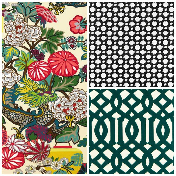 four different patterns with flowers and birds on them, one in green, the other in red