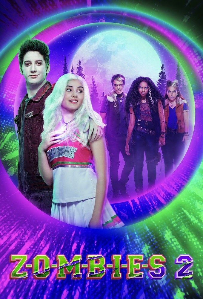 the movie poster for disney's zombies 2 is shown in purple and green colors