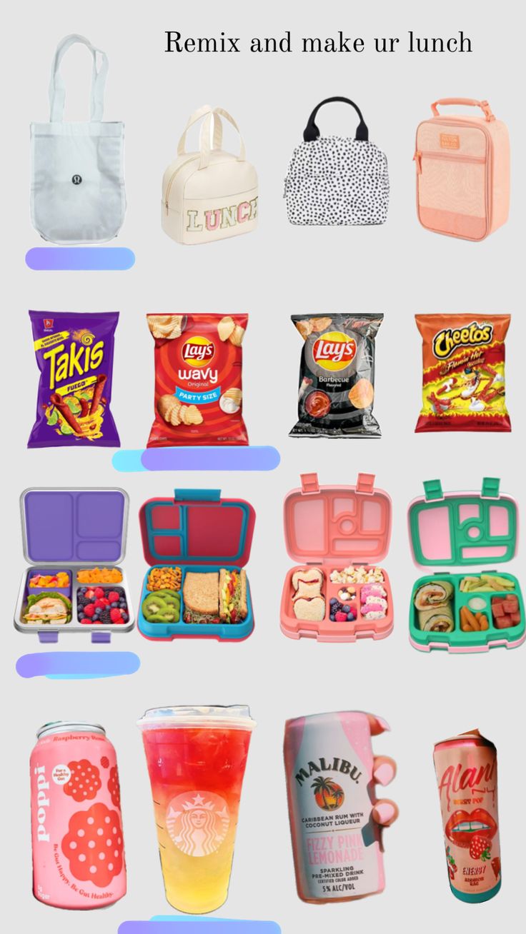 an image of various lunchboxs and snacks on a white background with text that reads, remix and make our lunch