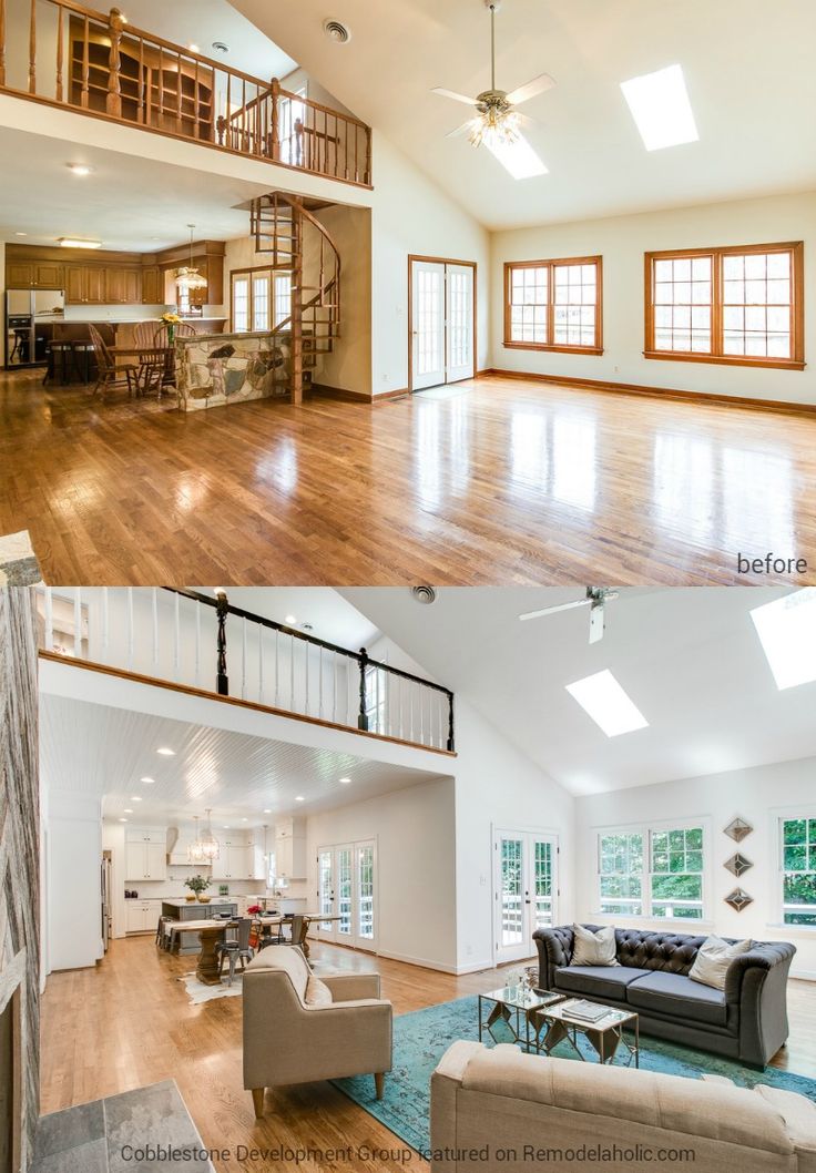 before and after pictures of a large open floor plan with high ceilings, wood floors, and white walls