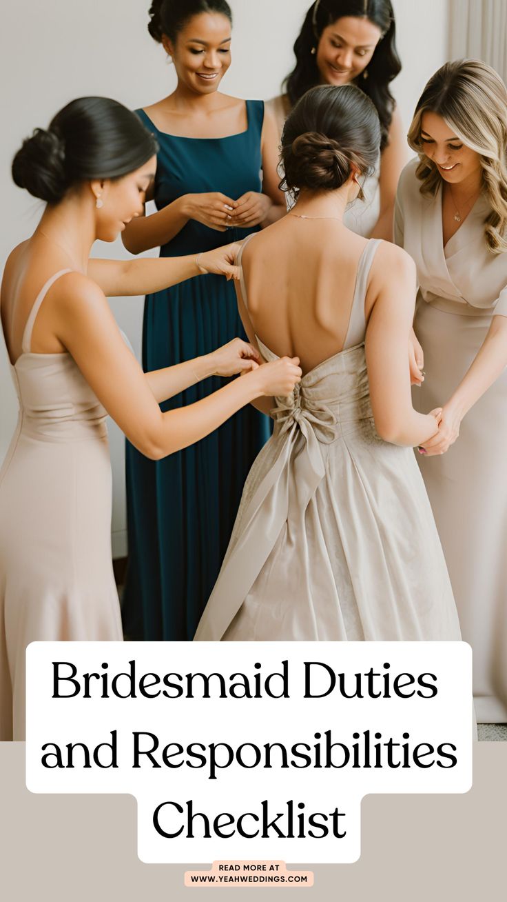 Stunning bridesmaids helping the bride with her dress, plan a bridal shower, organizing events, and supporting the bride as part of their duties and responsibilities checklist. Bridal Party Responsibilities Bridesmaid Duties, Bridesmaids Checklist For Wedding Day, Bridesmaid To Do List Things To Do, Bridesmaid Wedding Day Checklist, Bridesmaid Day Of Checklist, Bridal Party Responsibilities, Jobs For Bridesmaids, Bridesmaids Duties Wedding Day, Jobs For Bridesmaids Day Of