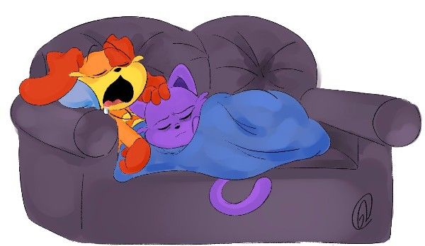 a cartoon cat laying on top of a couch next to a stuffed animal in it's arms