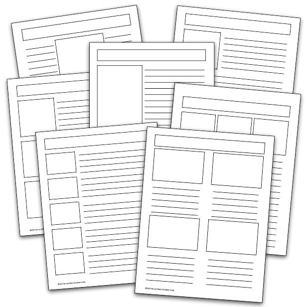 five blank pages are stacked on top of each other, with lines drawn across them