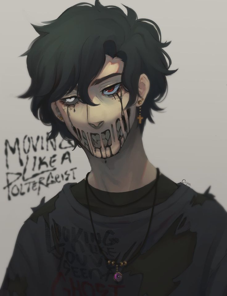 a drawing of a man with black hair and green eyes wearing a creepy face mask