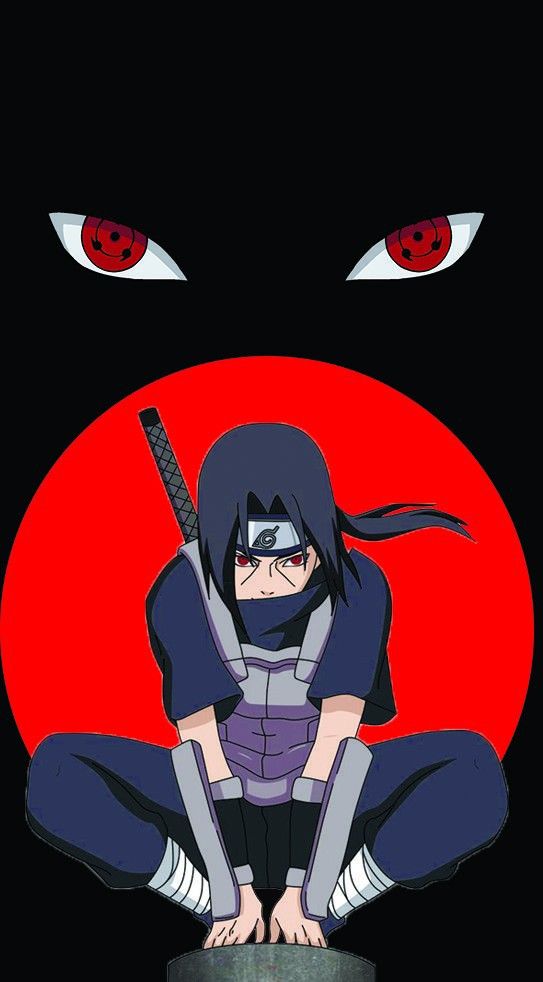 an anime character sitting in front of a red circle with two eyes and one eye open