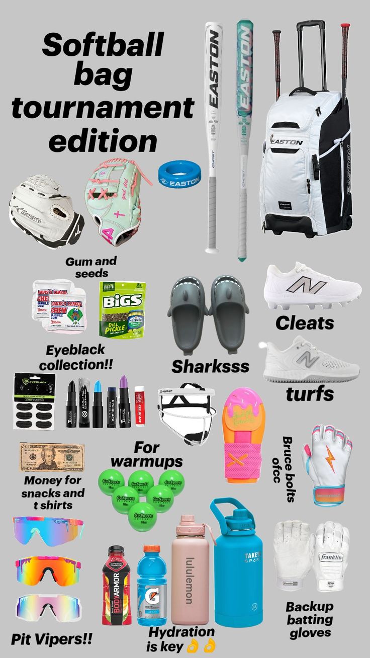 a poster with various items that include baseball equipment