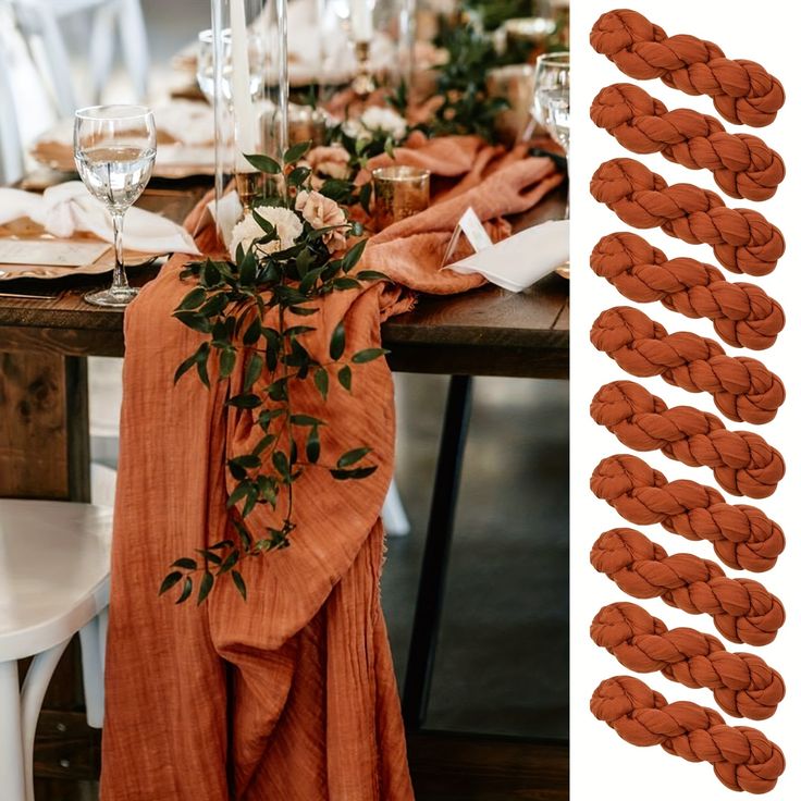 the table is set up with orange linens and greenery for an elegant dinner