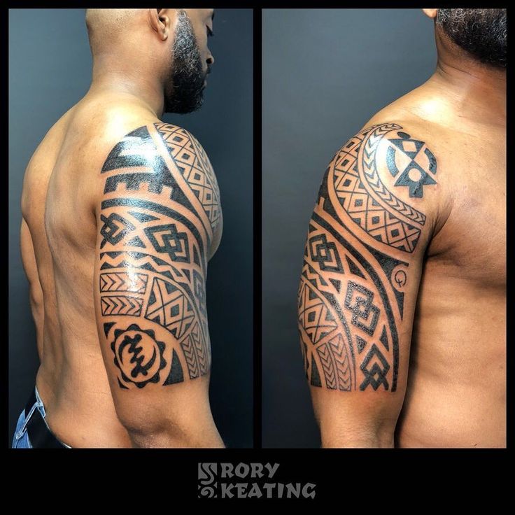 two pictures of a man with tattoos on his arm and shoulder, both showing different designs