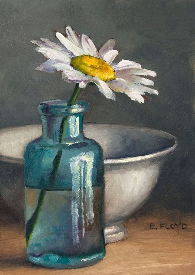 a painting of a blue vase with a white flower in it and a bowl behind it