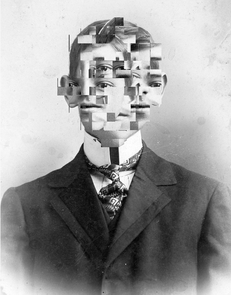 a man in a suit and tie with multiple squares on it's face, all over his body